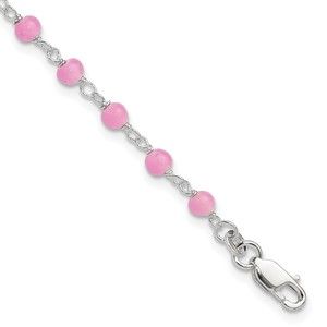 925 Sterling Silver Pink Glass Bead w Heart Charm 8in + 1" ext Anklet